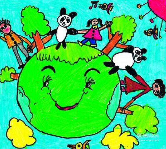 地球上长满了绿色的树木,人和动物和谐相处,手拉手一起玩耍,地球
