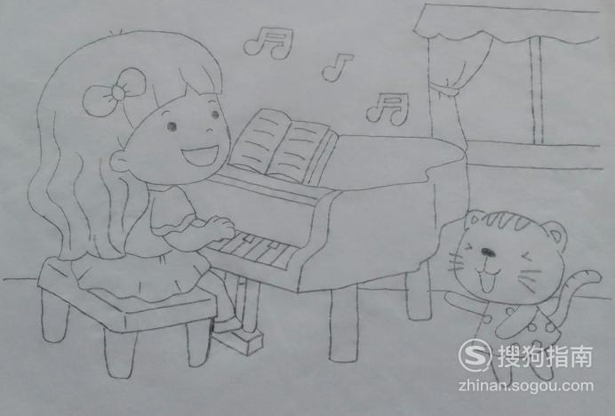 如何画弹钢琴的小女孩的简笔画