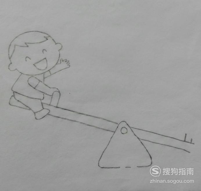 如何画和动物们玩跷跷板的小男孩的简笔画