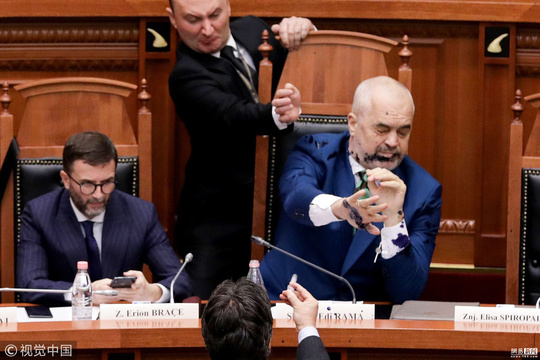 阿尔巴尼亚议会现骚乱 总理被反对党泼墨水(2) 第2页